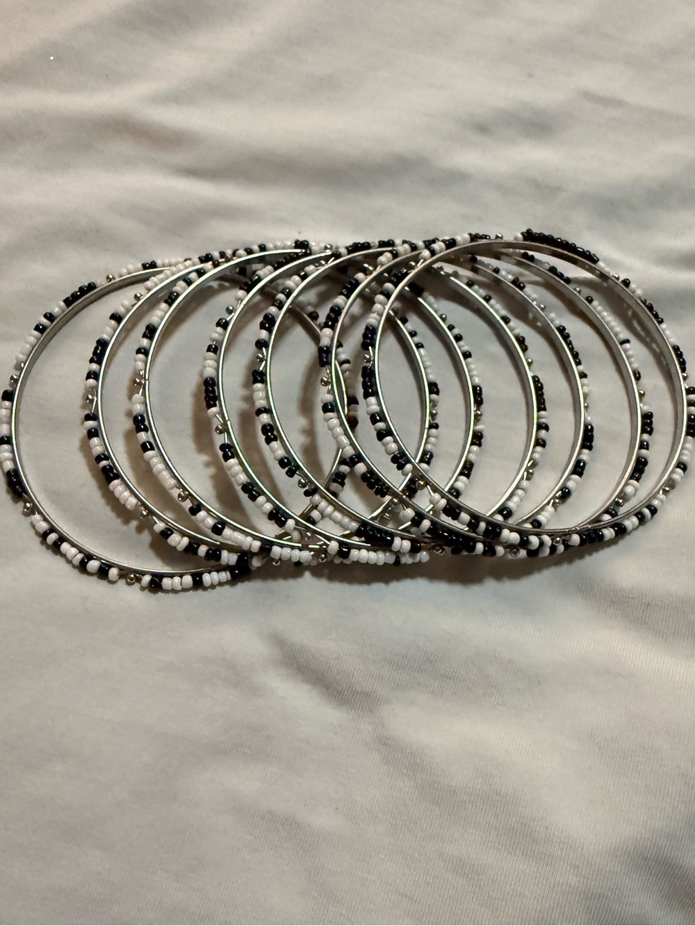 Lot of Black White Silver Tone Beaded Stackable Bangle Bracelets, Slip-On